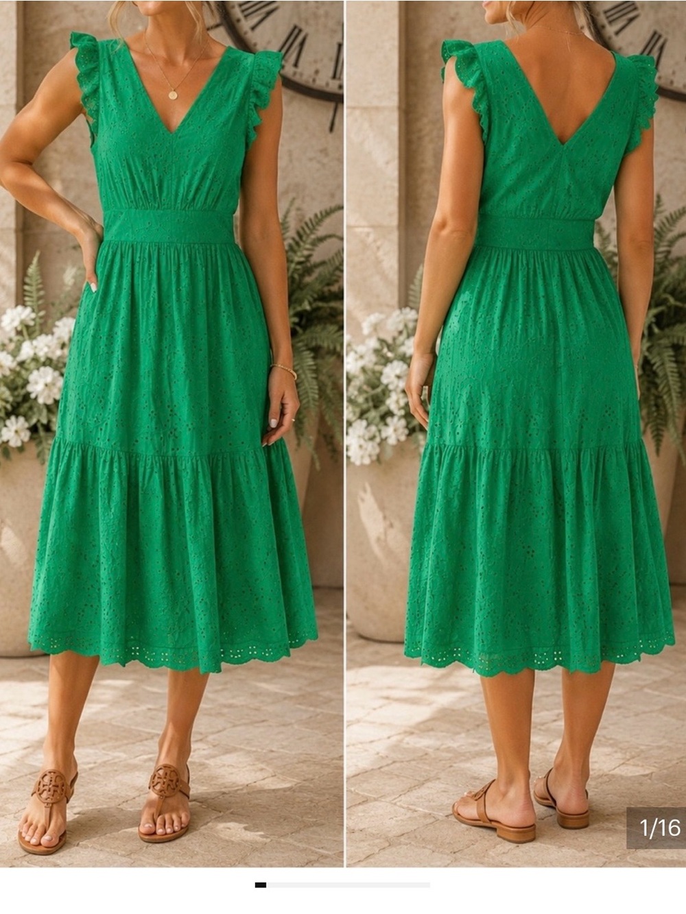 Maggy London Emerald Eyelet V-Neck Midi Dress